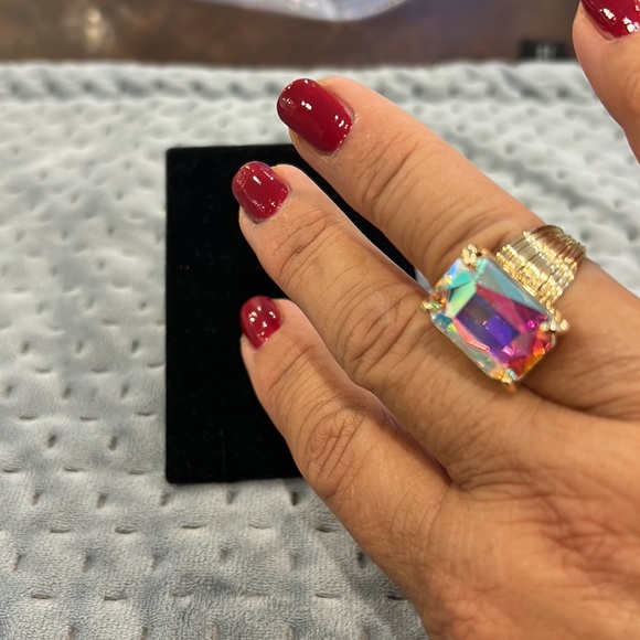 Stunning Aurora Borealis Emerald Cut Crystal Contemporary Ring-Adjustable - Picture 5 of 13